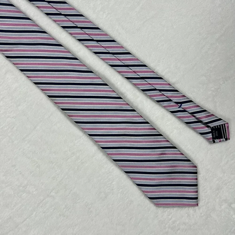 Nautica Men's Necktie Tie 100% Silk Pink Navy Silver Striped Dress